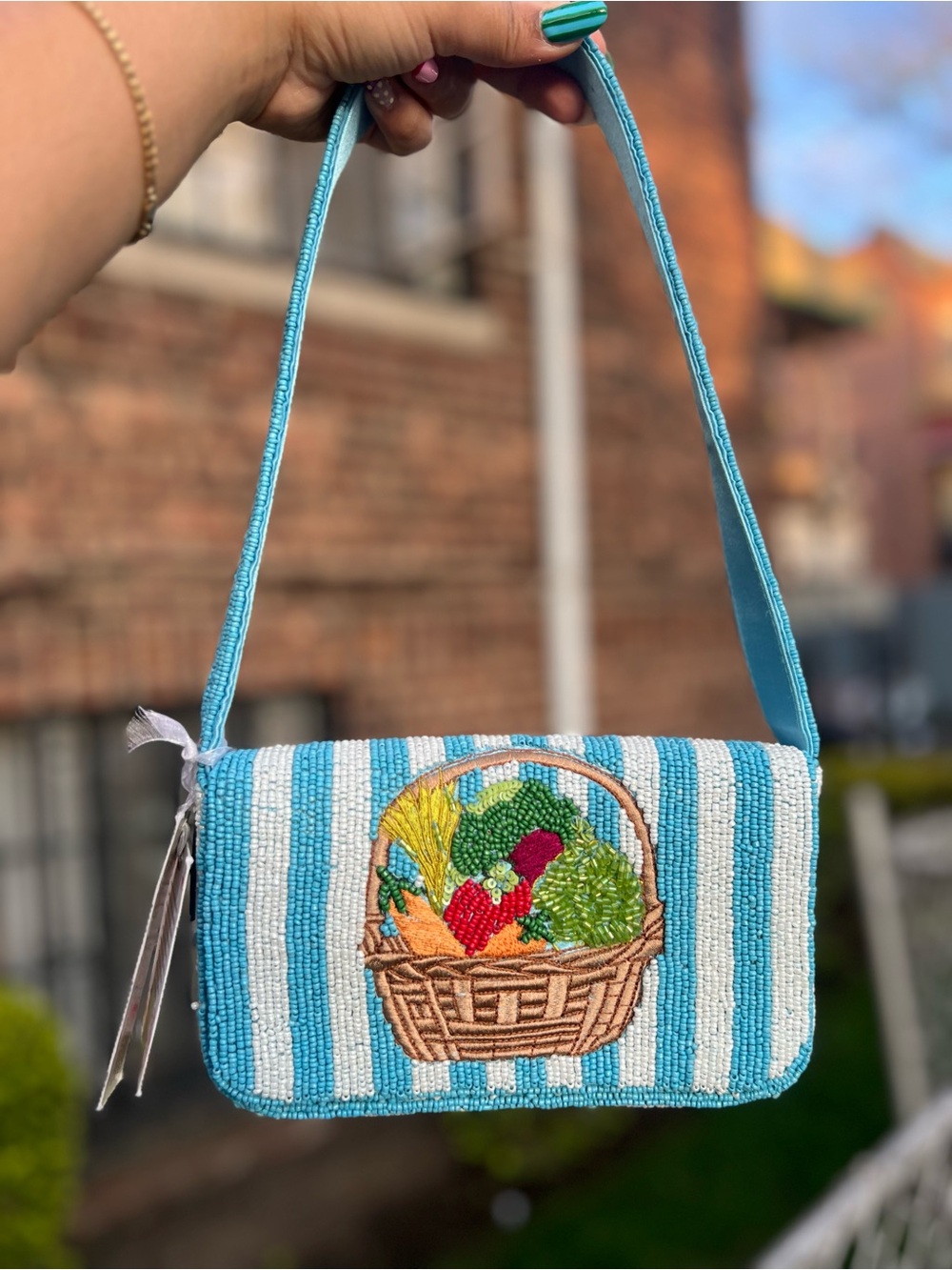 TJMAXX MARSHALLS Picnic Striped Farmers Market Produce Beaded Bag Shoulder Purse - Picture 3 of 10